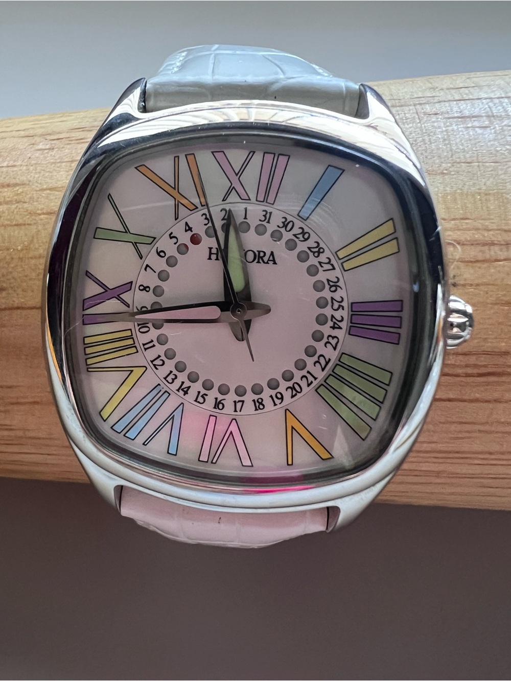 Honora MOP Rainbow Roman Numeral Date Watch White Leather Band
